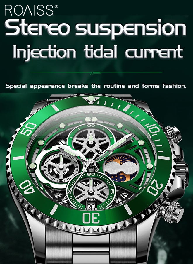 رويس ساعة كوارتز رجالية للأعمال مع شاشة عرض تناظرية وقرص دائري مع عرض تقويم طور القمر، ساعة يد متعددة الوظائف فاخرة وخفيفة الوزن ومقاومة للماء كهدية للرجال - Image 5