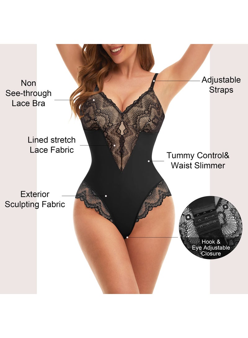 KASTWAVE Lace Bodysuit for Women Tummy Control Shapewear V Neck Backless Tank Tops One Piece Body Shaper Thongs（XL） - Image 4