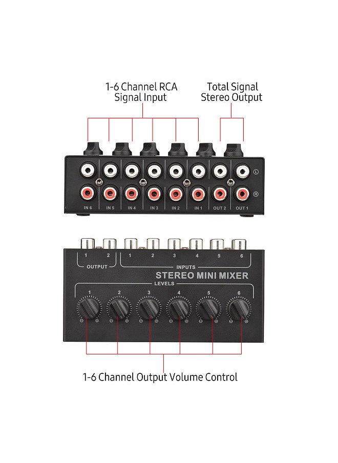 Mini Stereo 6 Channel Passive Mixer Rca Portable Audio Mixer 6 In 2 Out Stereo Distributor Volume Control No Battery Required