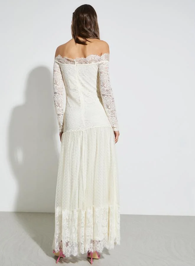 Styli  Cream Off Shoulder Lace Insert Maxi Dress for Women | Best Price UAE