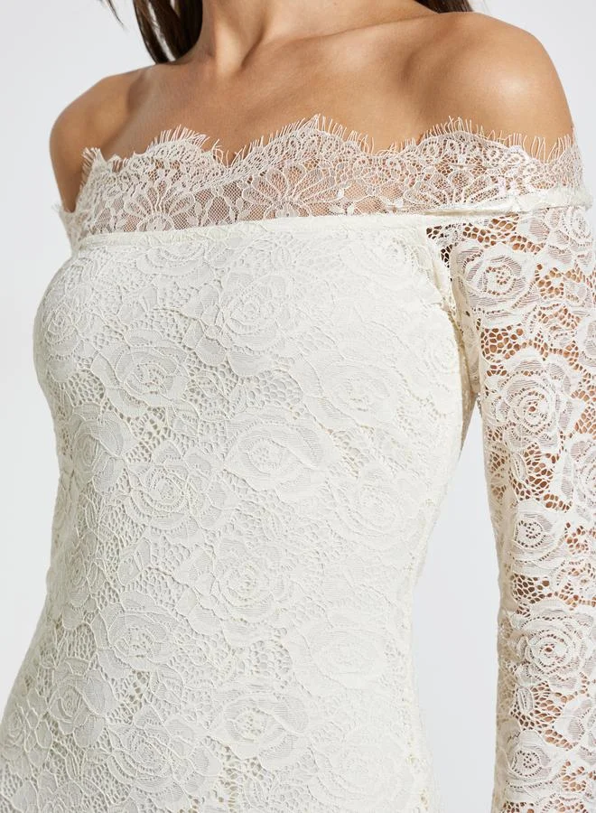 Styli  Cream Off Shoulder Lace Insert Maxi Dress for Women | Best Price UAE