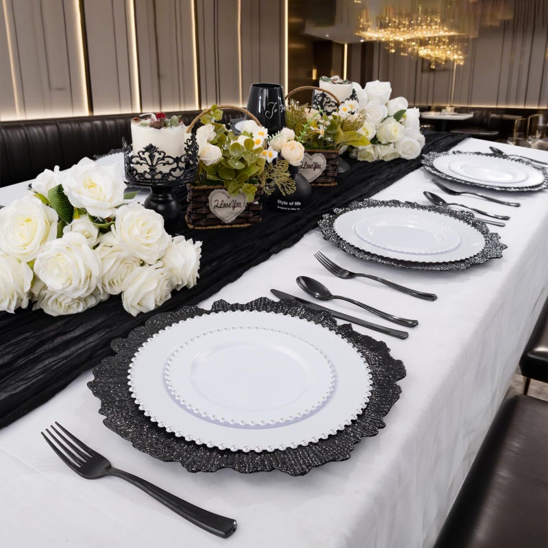 ejonirinjonir EI 50pcs Black Charger Plates With Reef High-end,13 Inch Black Chargers Heavy duty for Dinner Plates,Decorative Plate for Afternoon Tea,Wedding,Events,Business Events,Hotel Banquets - Image 3