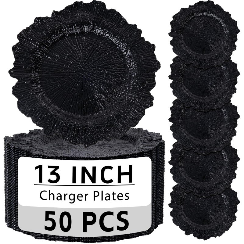 ejonirinjonir EI 50pcs Black Charger Plates With Reef High-end,13 Inch Black Chargers Heavy duty for Dinner Plates,Decorative Plate for Afternoon Tea,Wedding,Events,Business Events,Hotel Banquets - Image 1