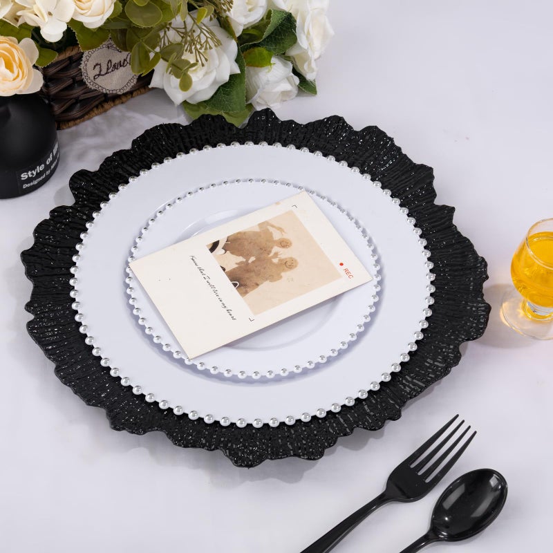 ejonirinjonir EI 50pcs Black Charger Plates With Reef High-end,13 Inch Black Chargers Heavy duty for Dinner Plates,Decorative Plate for Afternoon Tea,Wedding,Events,Business Events,Hotel Banquets - Image 2