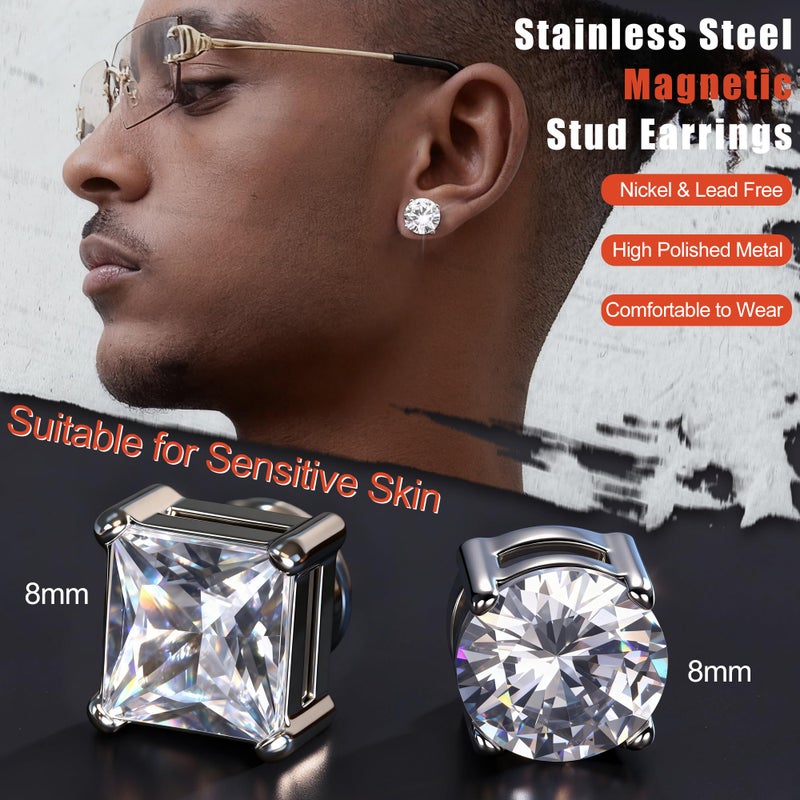 Jstyle 2 Pairs Stainless Steel Magnetic Stud Earrings for Men Women Non-piercing CZ Hypoallergenic 5-8MM - Image 2