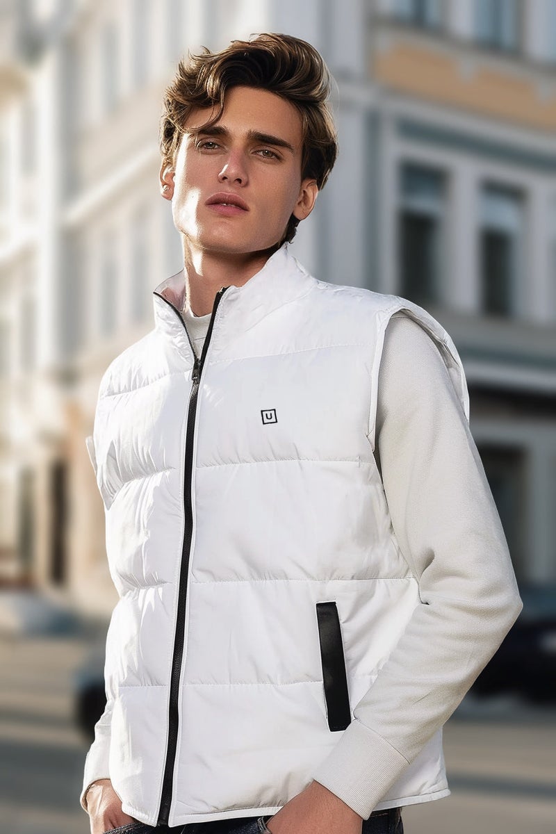 Urbano Fashion Men's White Sleeveless Zippered Puffer Jacket - Image 1