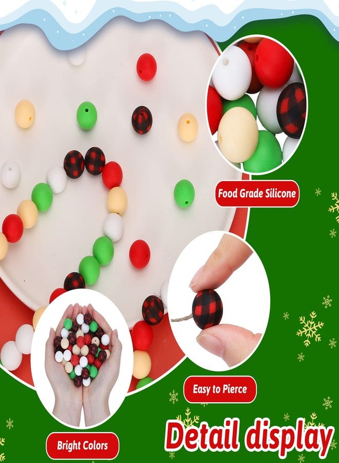Whaline 100Pcs Christmas Silicone Loose Beads Red Black Buffalo Plaid Pattern Silicone Beads Green White Assorted Color Beads for Christmas DIY Crafts Bracelet Necklace Keychain Making Home Decor - Image 3