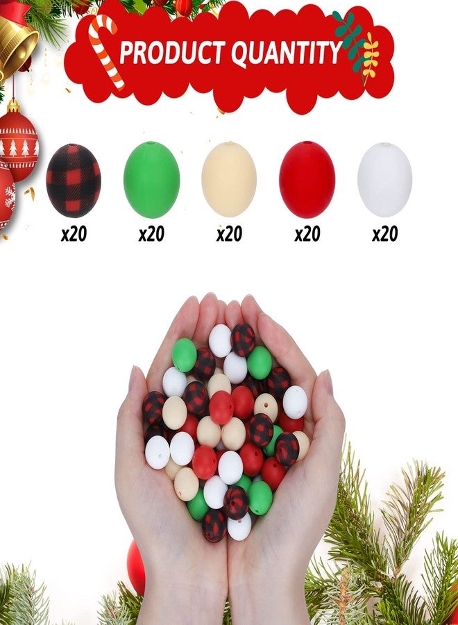 Whaline 100Pcs Christmas Silicone Loose Beads Red Black Buffalo Plaid Pattern Silicone Beads Green White Assorted Color Beads for Christmas DIY Crafts Bracelet Necklace Keychain Making Home Decor - Image 2