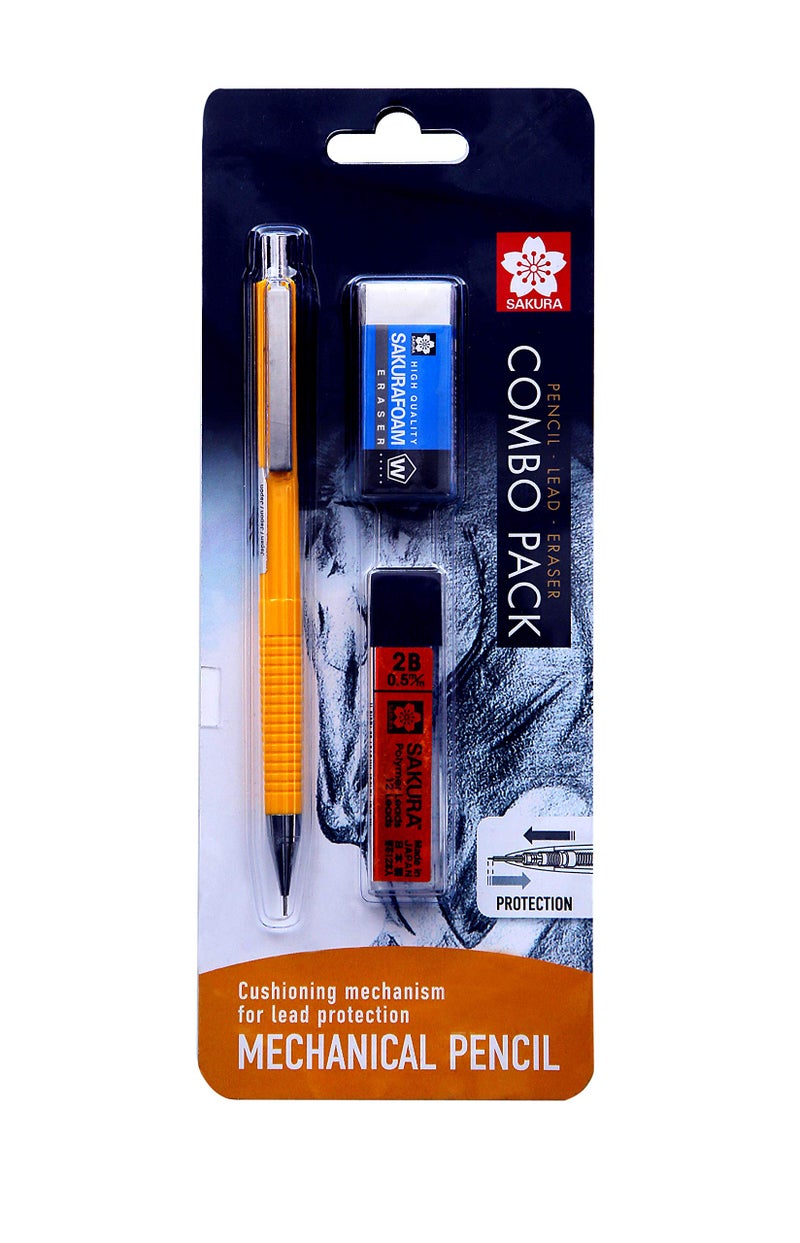 Sakura Cushioning Point Mechanical Pencil Starter set with lead refill and foam eraser, (2B, 0.5) Yellow body - Image 1