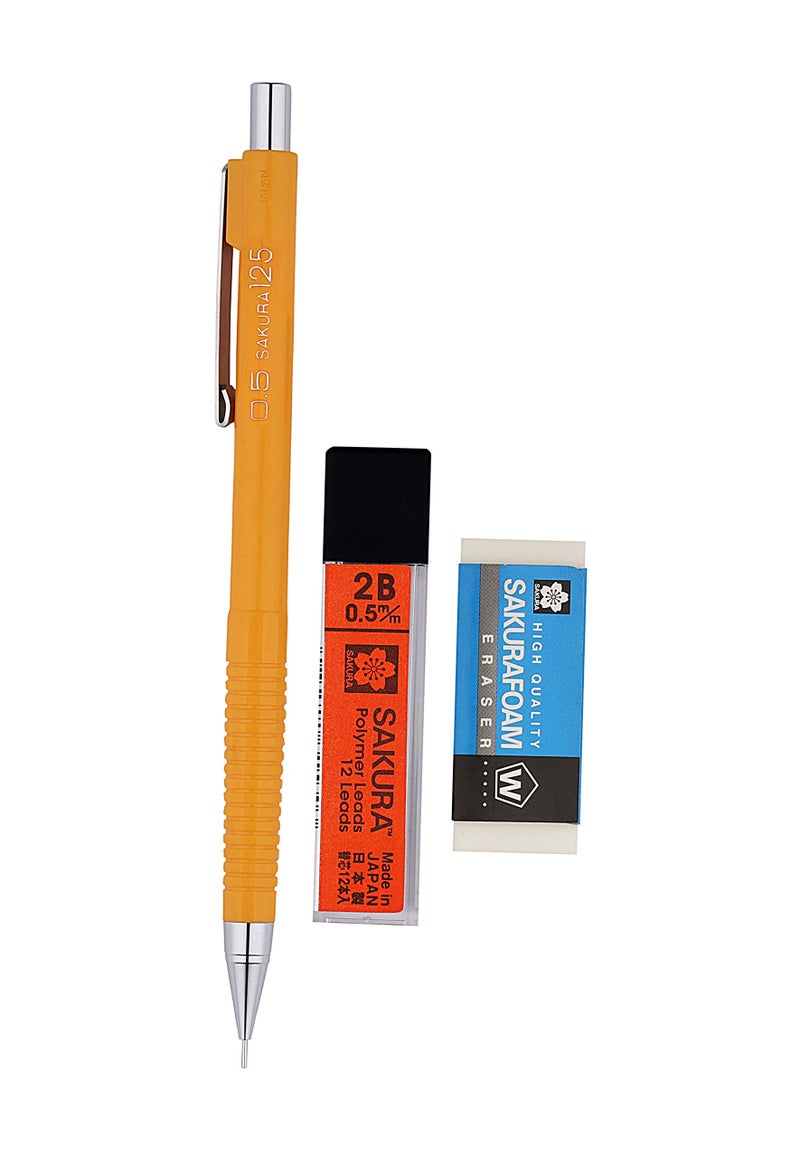 Sakura Cushioning Point Mechanical Pencil Starter set with lead refill and foam eraser, (2B, 0.5) Yellow body - Image 2