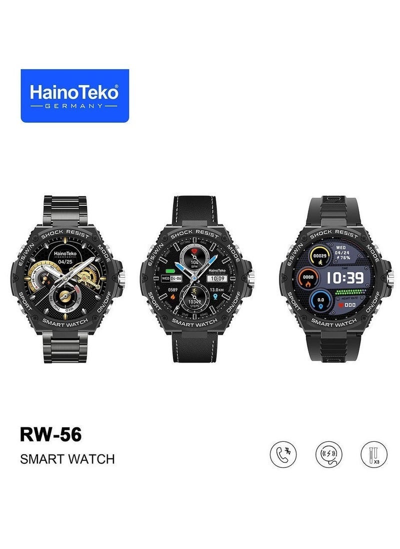 Haino Teko RW56 Round Shape AMOLED Display Smart Watch – Stylish and Functional Watch with 3 Pairs of Straps, Wireless Charger, Fitness Tracker, Heart Rate Monitor, Compatible with Men and Boys – Black - Image 1