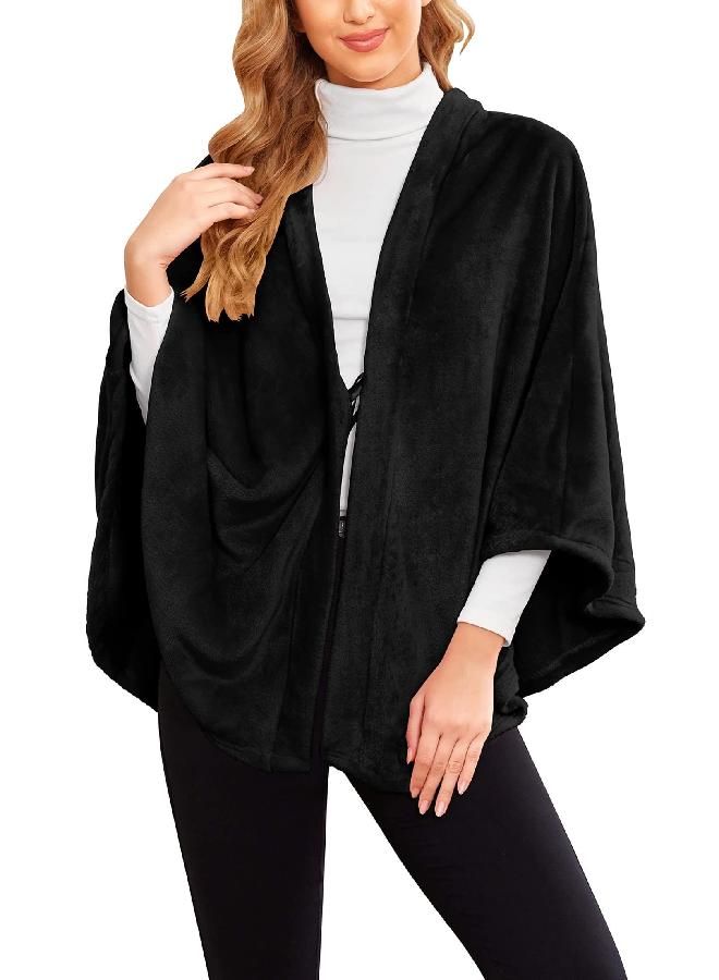 Ekouaer Ekouaer Women's Shawl Wrap Poncho Warm TV Blanket Flannel Faux Coat Sweater Cardigan Wrap Shawls Soft Black - Image 4