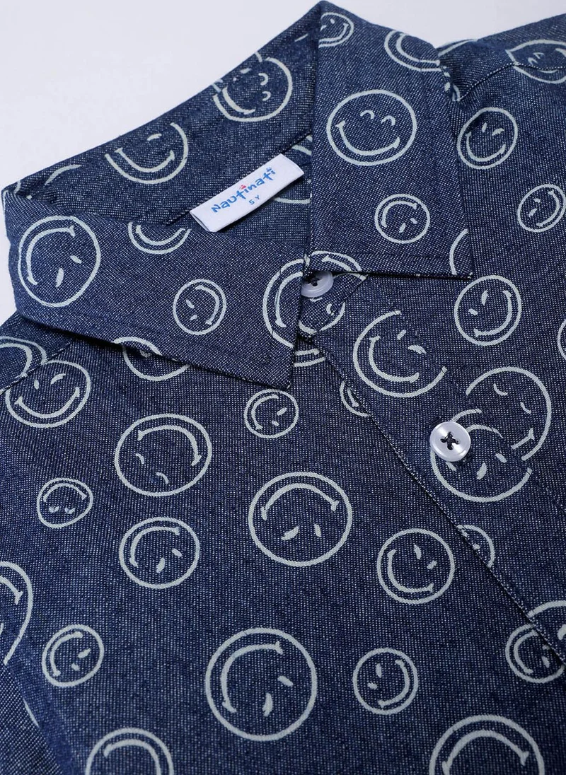 Nautinati Nautinati Boys Blue Smiley Print Denim Full Sleeve Shirt with White Cotton Shorts