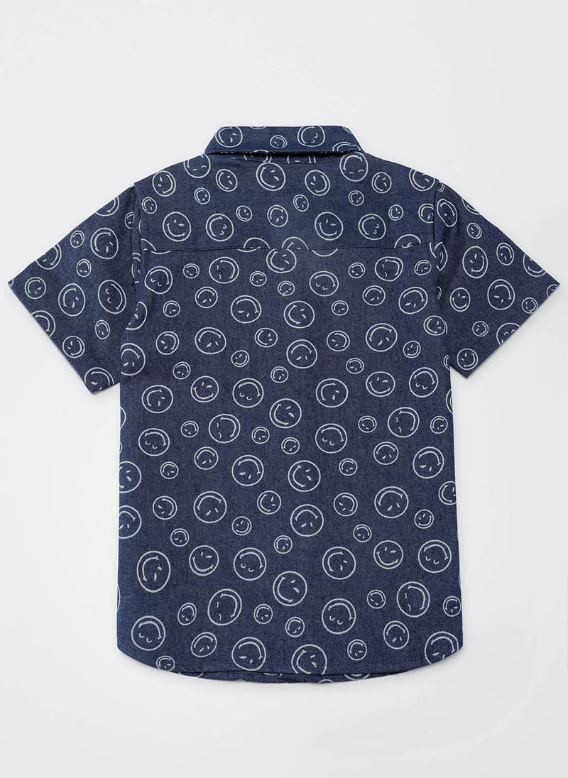 Nautinati Nautinati Boys Blue Smiley Print Denim Full Sleeve Shirt with White Cotton Shorts