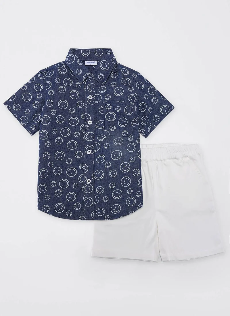 Nautinati Nautinati Boys Blue Smiley Print Denim Full Sleeve Shirt with White Cotton Shorts