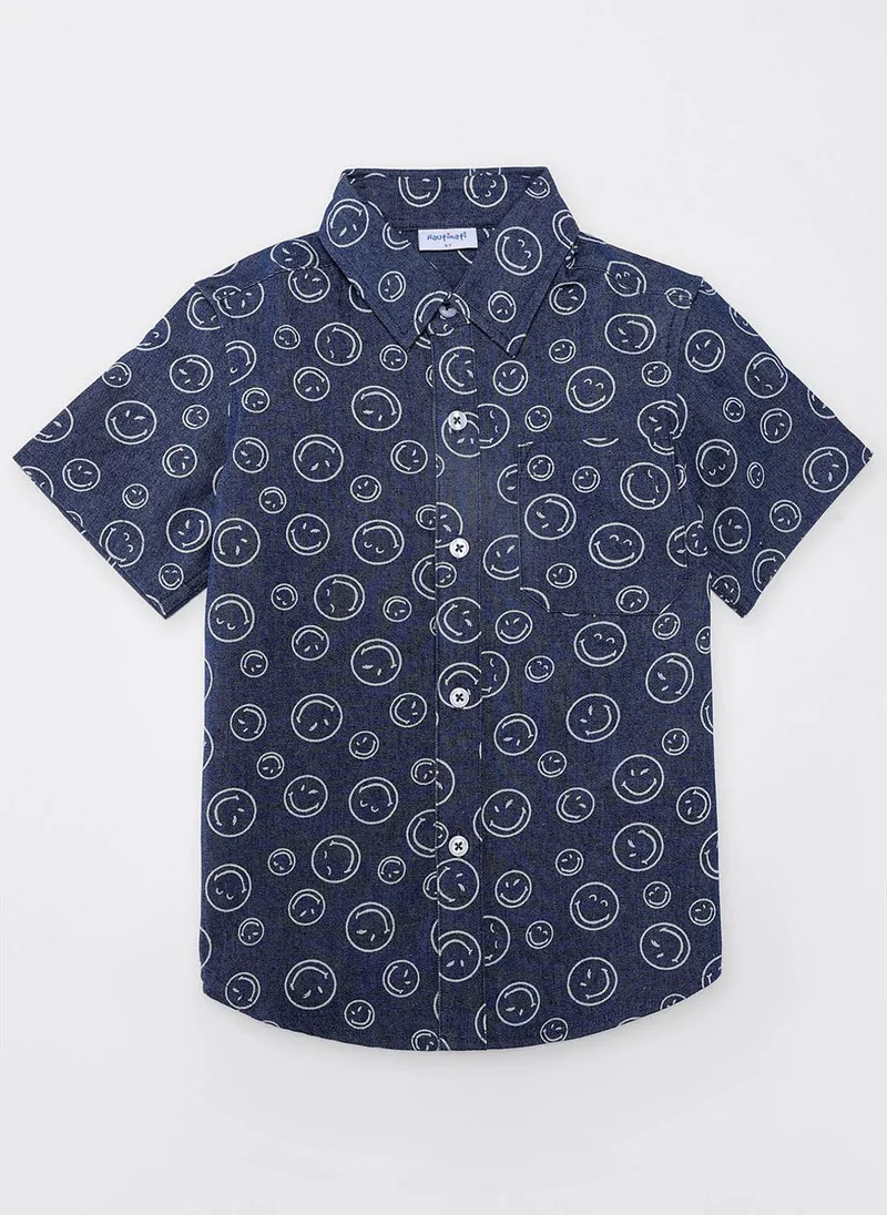 Nautinati Nautinati Boys Blue Smiley Print Denim Full Sleeve Shirt with White Cotton Shorts