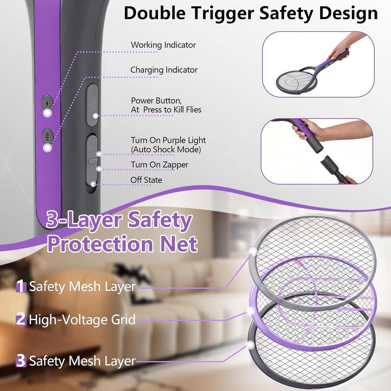Besswin Electric Fly Swatter, Rotating Head Bug Zapper, Dual Modes Mosquito Killer with Purple Mosquito Light Rechargeable for Indoor Home Patio Camp Office, Telescopic Extension - Image 2