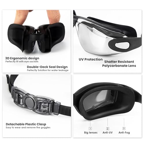 Rainbow Professional Swimming Goggles for Men & Women | Anti-Fog & UV Protected Swimming Glasses for Men & Women | Leak-Proof Goggle with Adjustable Straps & Nose Clip Black – Pack of 1 - Image 2