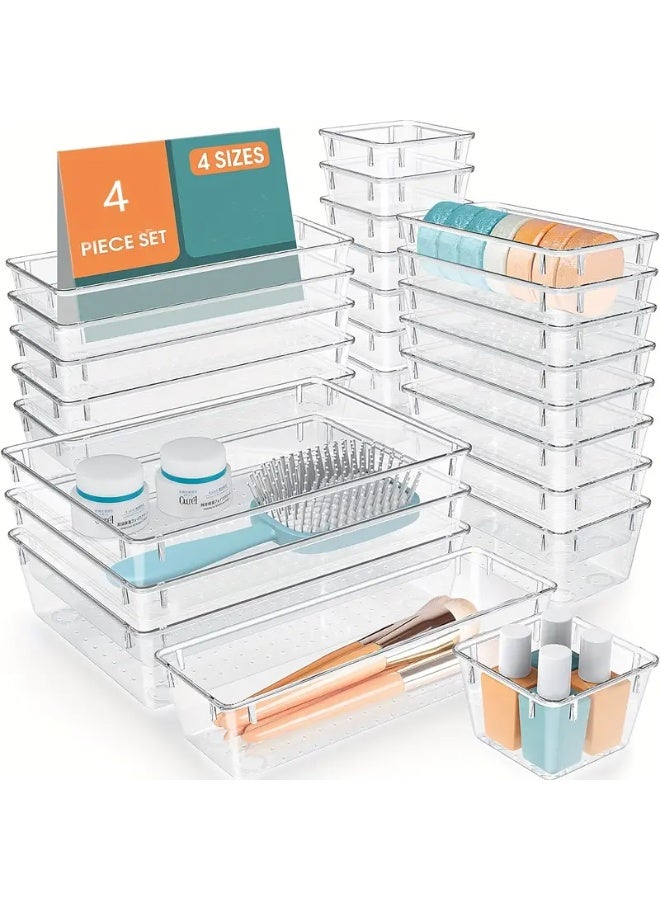 4 Pieces Clear Plastic Drawer Organizer Set, Different Sizes Desk Drawer Dividers and Storage Boxes for Makeup, Jewelry, Bedroom, Bathroom, Office - Image 1