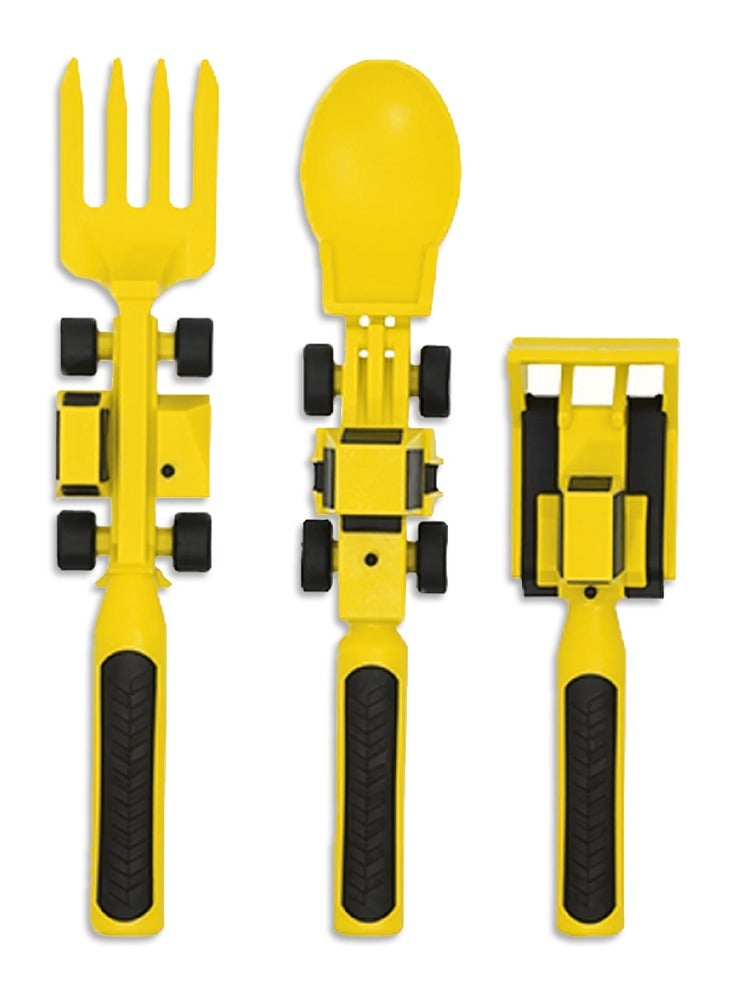 Eazy Kids Spoon, Fork & Pusher - Yellow, Truck, 3Pcs