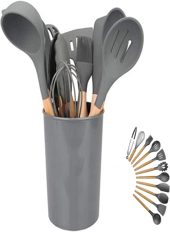 11- Piece Wooden Handle Non Stick Cookware Spoon Set Grey - Image 4