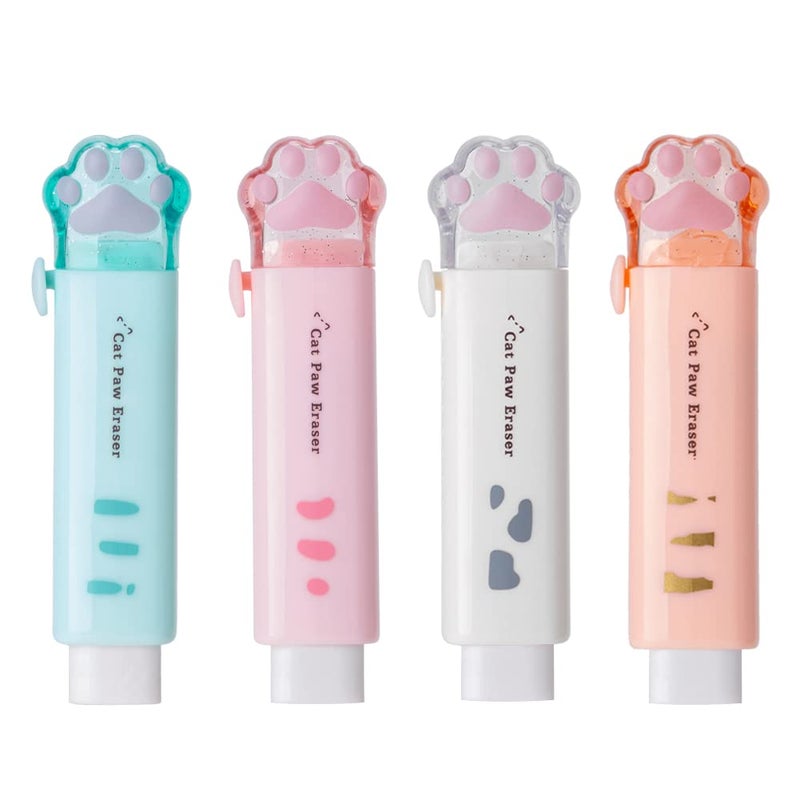 Geluode 4 Pcs Cat Paw Shaped Retractable Erasers Cute Rubber for Kids PushPull Rubber Eraser for Students Writing Office School Supplies - Image 2