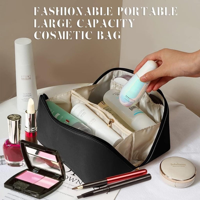 Estervig Large Capacity Travel Cosmetic Bag Leather Makeup Bag with Handle and Divider Waterproof Cosmetic Bag Portable Leather Toiletry Bag Cosmetic Bag for Women Girls Black - Image 2