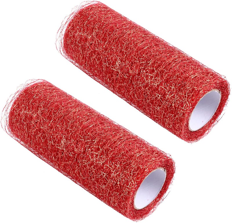 2pcs Glittered Decorative Tulle Roll Ribbon 15cm Wide Red Gold Mesh Spool for Wedding Bouquet Wrapping DIY Craft Party Decorations - Image 1