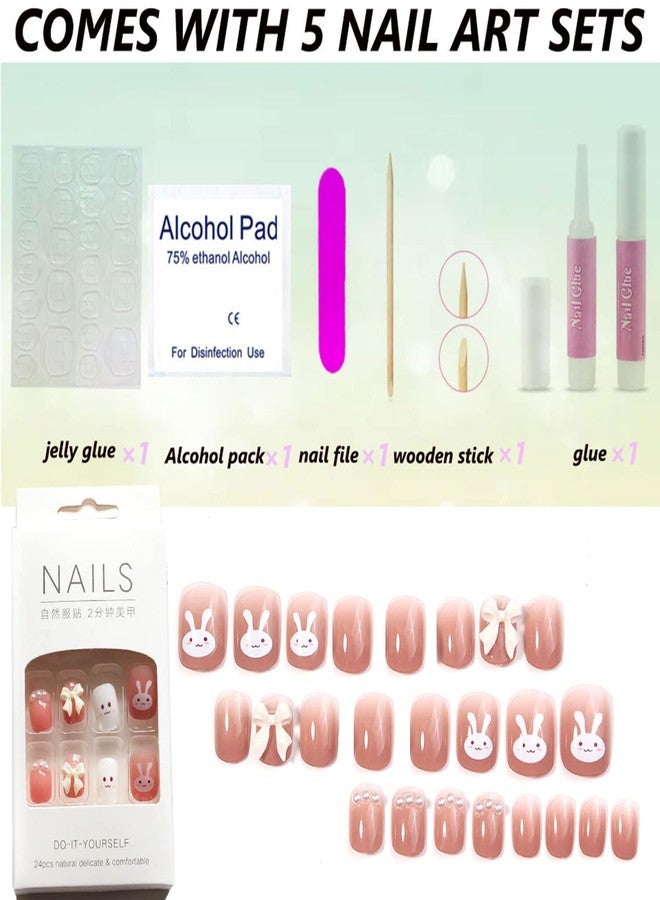 AIDVPOD Cute Bunny Press-on Nails - Easter Rabbit Designs, Short & Long, Pink & More for Women & Girls Full Cover False Nail Tips - Image 5