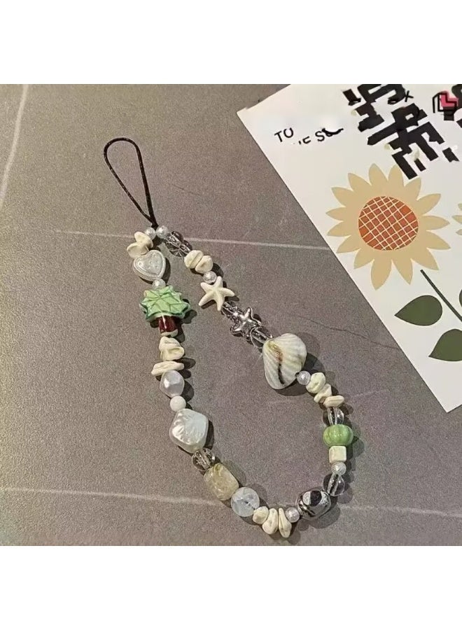 4 Pieces Cute Phone Charms Beaded Phone Strap Decorated with Lovely Palm Tree,White Heart-Shaped Beads and Randomly Placed Shells - Image 3