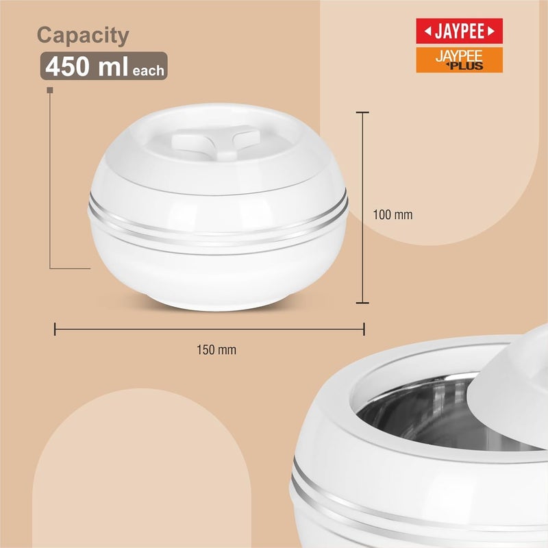 JAYPEE Palazio 450+450 Twin Inner Stainless Steel Serving Small Casserole Set | BPA Free, PU Insulated Rustproof Casserole | Pack of 2- (White), 450 Ml - Image 4