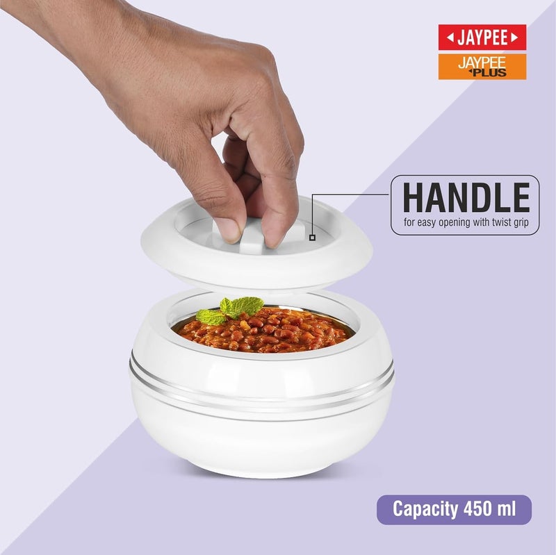 JAYPEE Palazio 450+450 Twin Inner Stainless Steel Serving Small Casserole Set | BPA Free, PU Insulated Rustproof Casserole | Pack of 2- (White), 450 Ml - Image 5