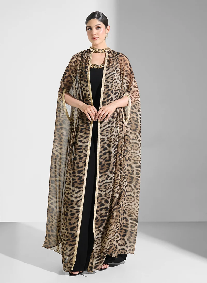 Akadia Fashion TIGER EMBELLISHED NECK CREPE DRESS