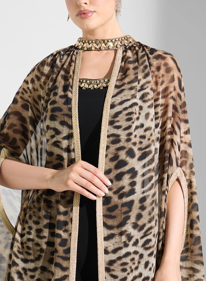 Akadia Fashion TIGER EMBELLISHED NECK CREPE DRESS