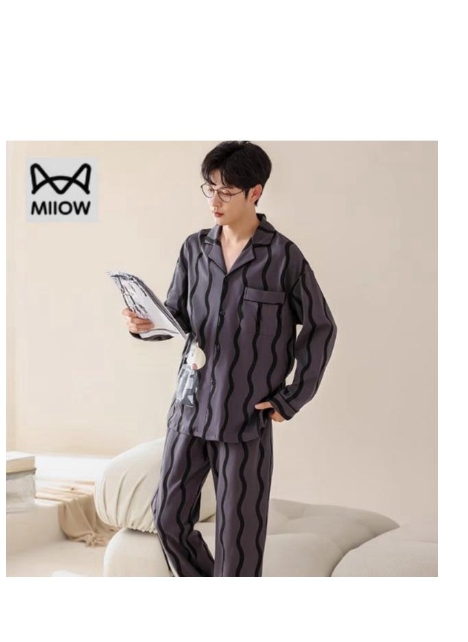 MIIOW - Cotton Men's Long Sleeved And Long Pants Home Suit Set - Image 1