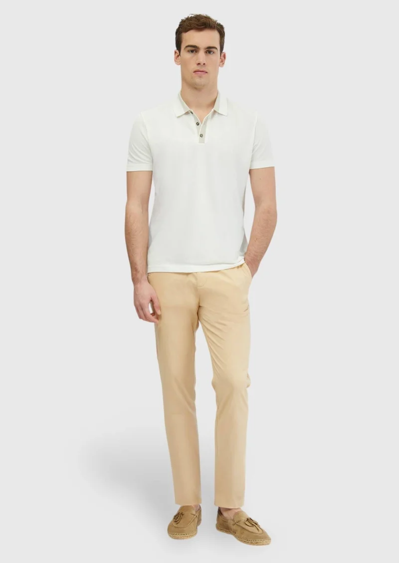 RAMSEY Ecru Plain Polo Neck 100% Cotton T-Shirt