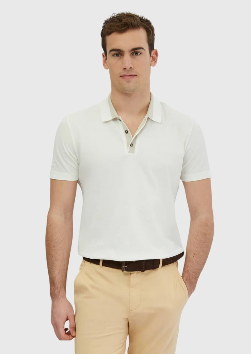 RAMSEY Ecru Plain Polo Neck 100% Cotton T-Shirt