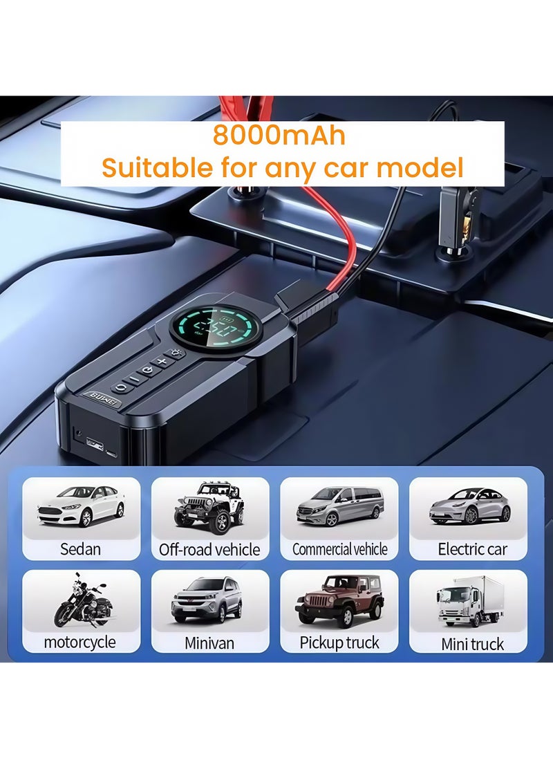 ADEBOLA - 8000mAh Car Jump Starter Battery  & Portable Air Compressor with Digital Display | USB-C Quick Charge, 12 Safety Protections, 10-Second Tire Inflation | Multi-Function LED Light, Emergency Power Bank (Black) - Image 1