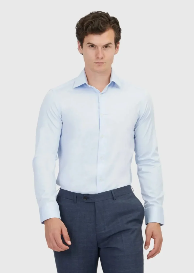 RAMSEY Light Blue Plain Slim Fit Weaving Classical 100% Cotton Shirt