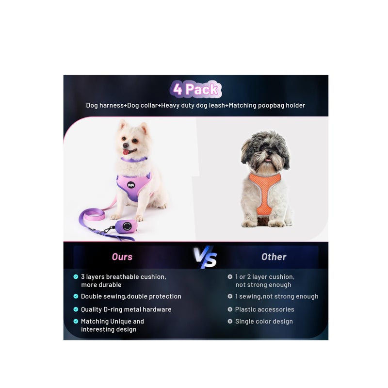 SOLARAE Dog Harness Collar Leash Combo,No Pull Adjustable Vest Cute for Small Puppy Medium Girl/Boy Pets with Bag Holder(Medium,Purple) - Image 2