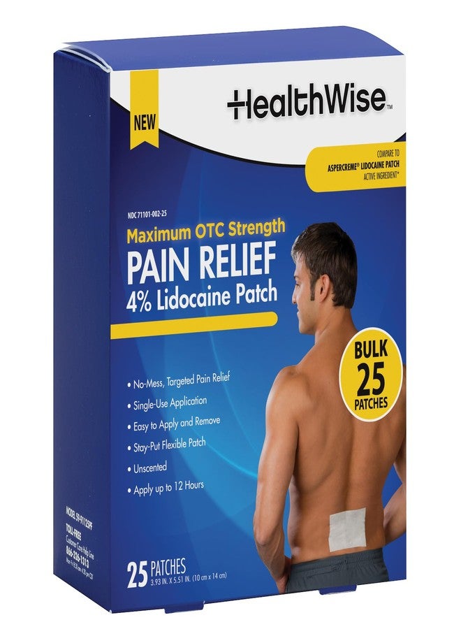 HealthWise 4% Lidocaine Pain Relief Patch | Maximum OTC Strength | 25-Count | 3.93” x 5.51” | Soothes Minor Aches and Pains | Odor Free | Topical Anesthetic | Easy to Apply Flexible Adhesive - Image 1