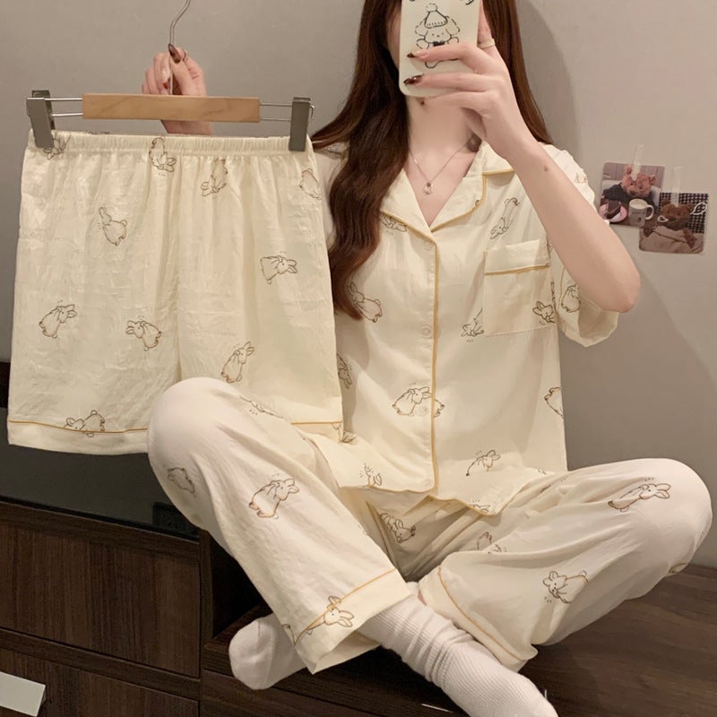 Sweet floral retro style home clothes spring and summer new pajamas ladies cloud cotton short sleeve three-piece set real shot wholesale - Image 1