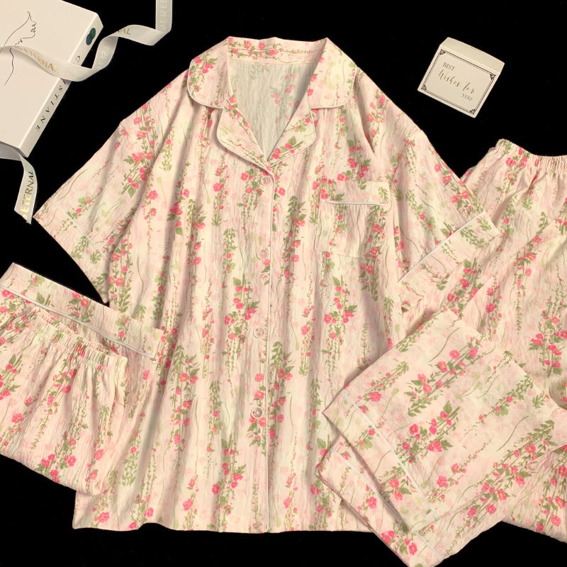 Sweet floral retro style home clothes spring and summer new pajamas ladies cloud cotton short sleeve three-piece set real shot wholesale - Image 4