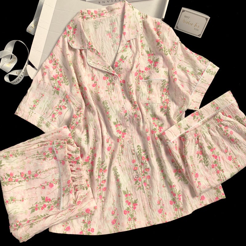 Sweet floral retro style home clothes spring and summer new pajamas ladies cloud cotton short sleeve three-piece set real shot wholesale - Image 5