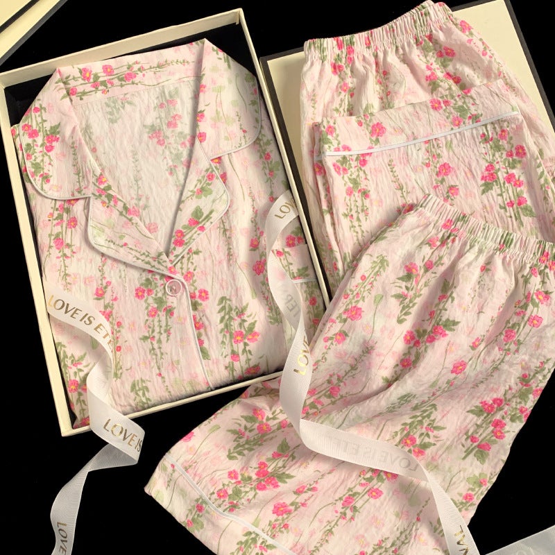 Sweet floral retro style home clothes spring and summer new pajamas ladies cloud cotton short sleeve three-piece set real shot wholesale - Image 3