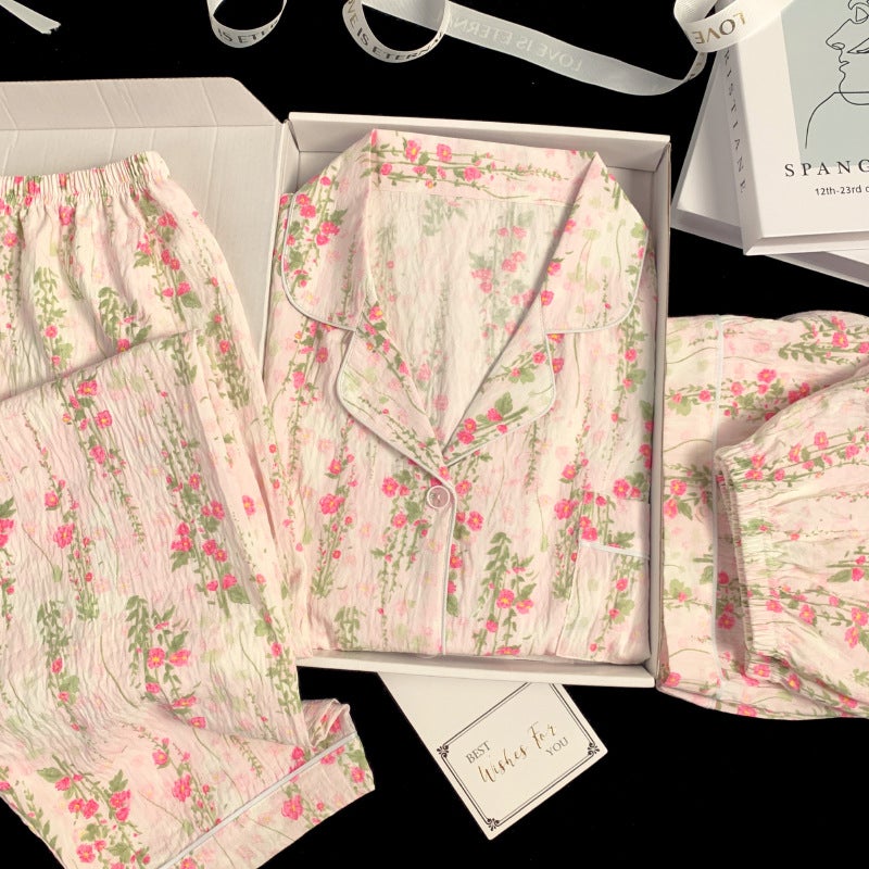Sweet floral retro style home clothes spring and summer new pajamas ladies cloud cotton short sleeve three-piece set real shot wholesale - Image 2