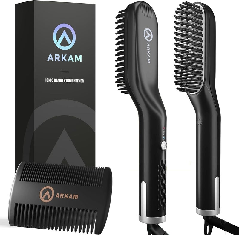 Arkam Beard Straightener for Men  Original Heated Beard Brush Kit wAntiScald Feature Dual Action Hair Comb and Travel Bag for Short to Medium Beards Costume Accessories and Grooming Gifts for Men