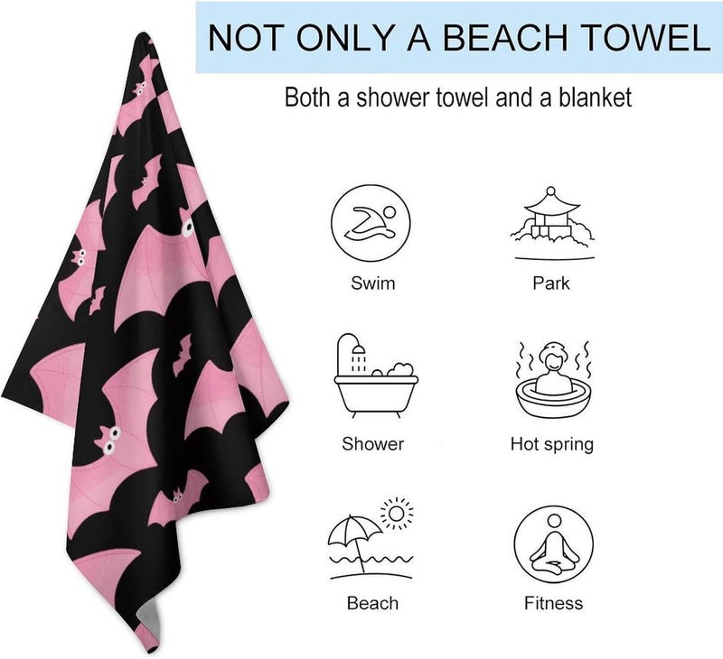 Beach Towel 31"x51" Lightweight, Super Absorbent Sandproof Towels Halloween Black Bats Pink Double-Sided Plush Towel for Adults, Travel, Pool, Gym & Sports Sand-Free Quick-Dry Bath Towels - Image 3