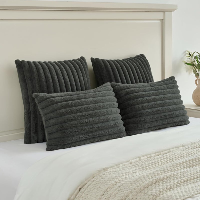 FUTEI Dark Grey Striped Decorative Throw Pillow Covers 18x18 Inch Set of 2,Square Winter Decorations Couch Pillow Case,Soft Cozy Faux Rabbit Fur & Velvet Back,Modern Home Decor for Bed - Image 5
