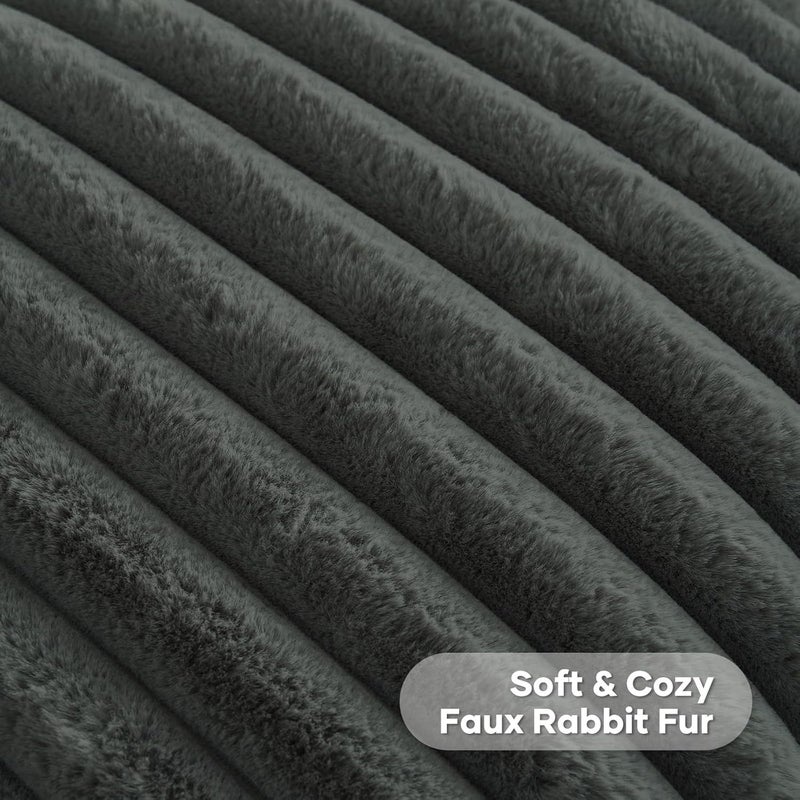 FUTEI Dark Grey Striped Decorative Throw Pillow Covers 18x18 Inch Set of 2,Square Winter Decorations Couch Pillow Case,Soft Cozy Faux Rabbit Fur & Velvet Back,Modern Home Decor for Bed - Image 2